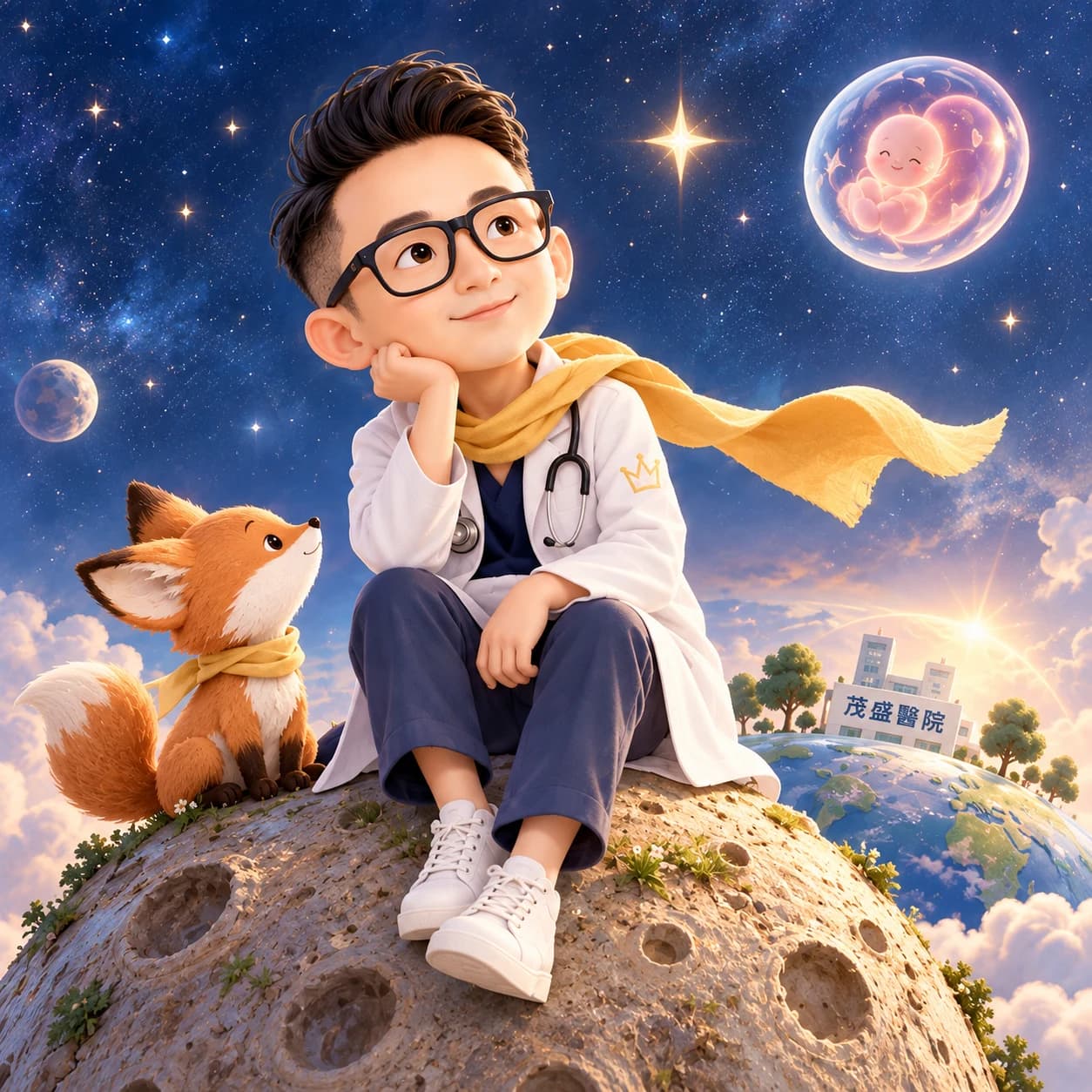 小王子醫師坐在星球上,身旁有一隻小狐狸,望向遠方的星星