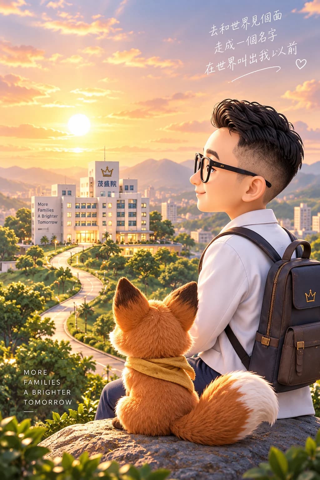 夕陽下,小王子醫師和小狐狸坐在山丘上望著茂盛醫院